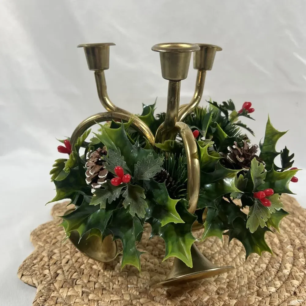 Vintage Brass Horn Trio w/ Candle Ring Holly Christmas for Taper Candlesticks